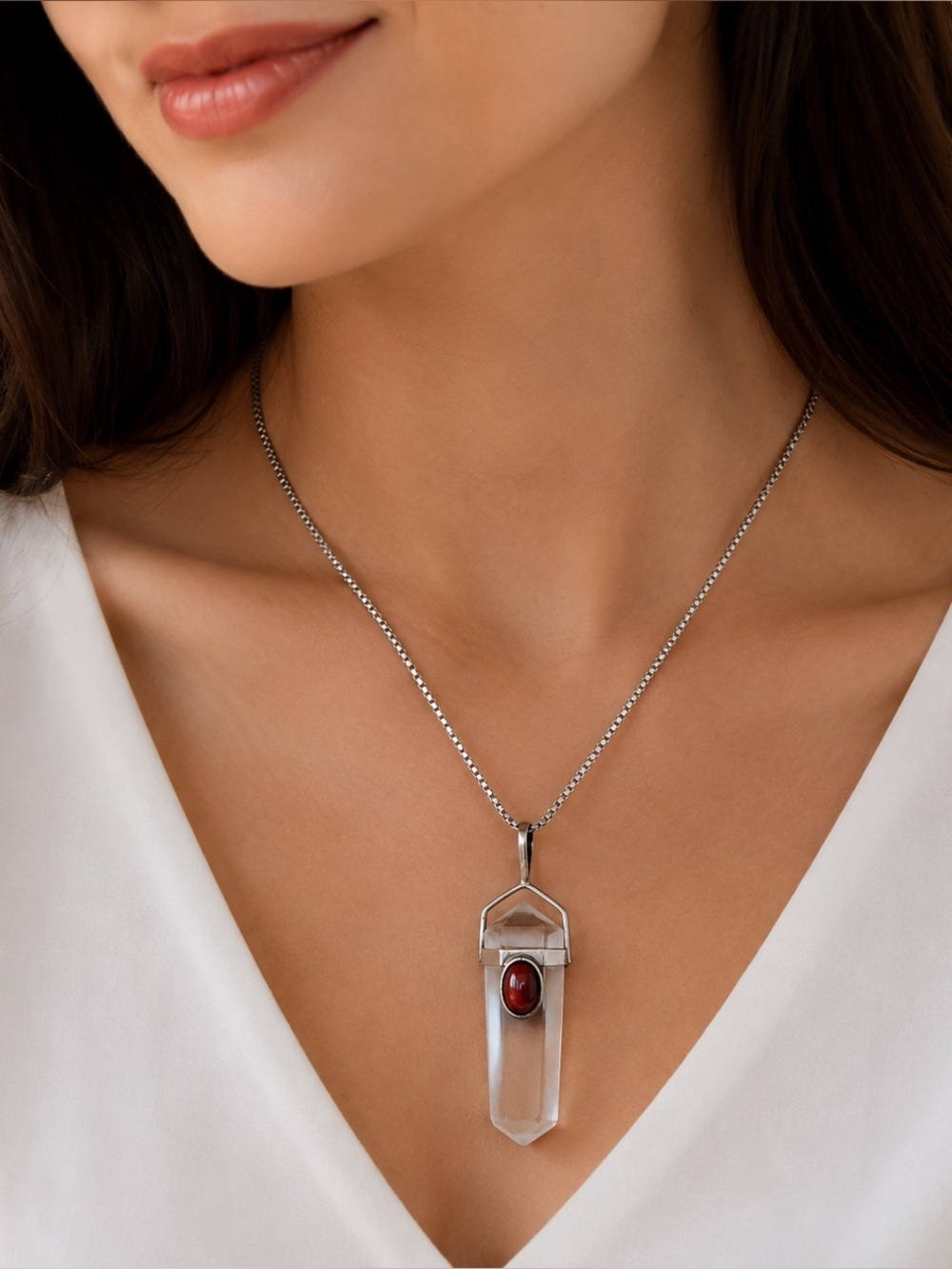 Estate Sterling Silver Quartz Garnet Pendant Necklace Vintage Stunning 926 - Picture 3 of 5